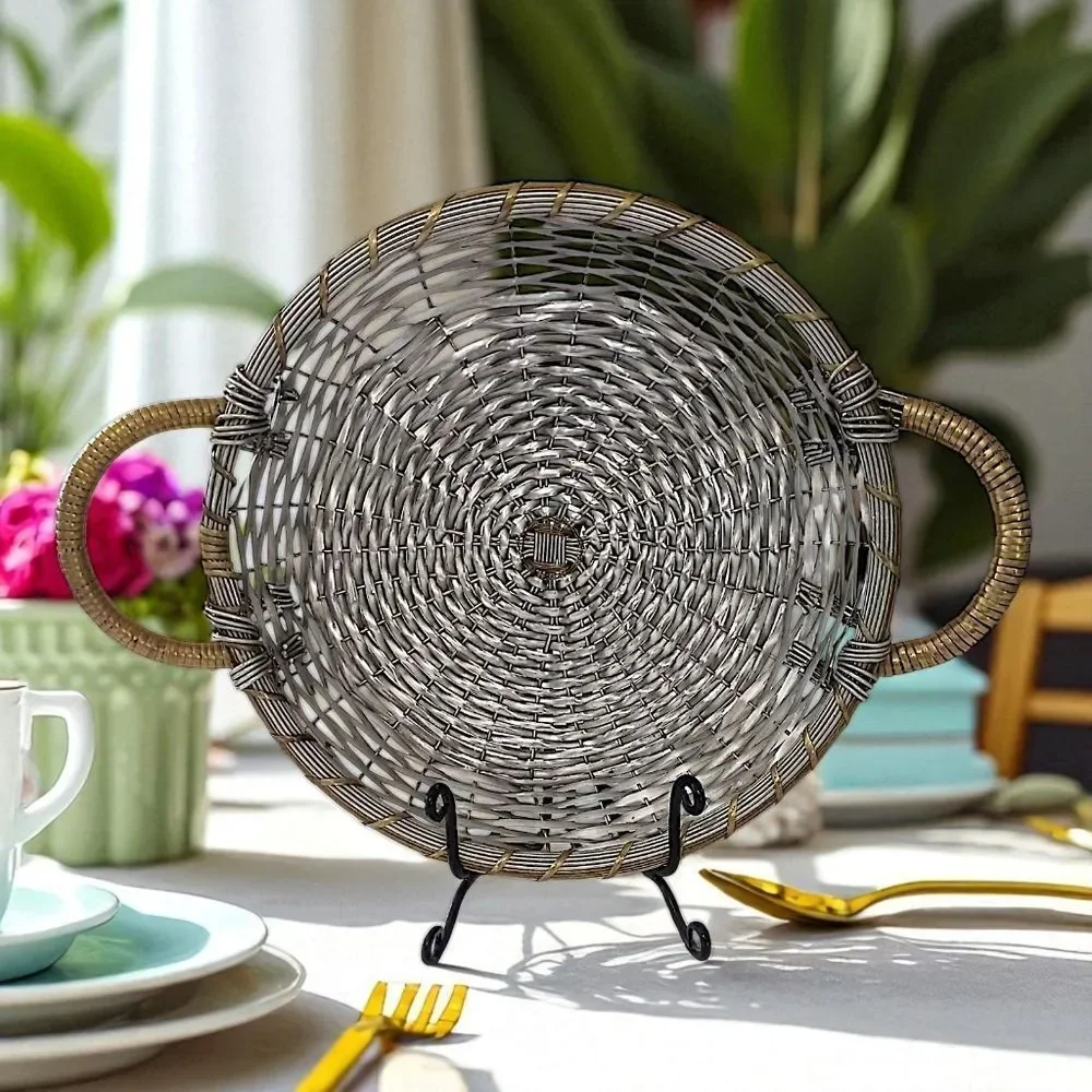 Vintage Woven Metal Wire Basket Tray Handles Silver Tone Rustic Farmhouse Tuscan